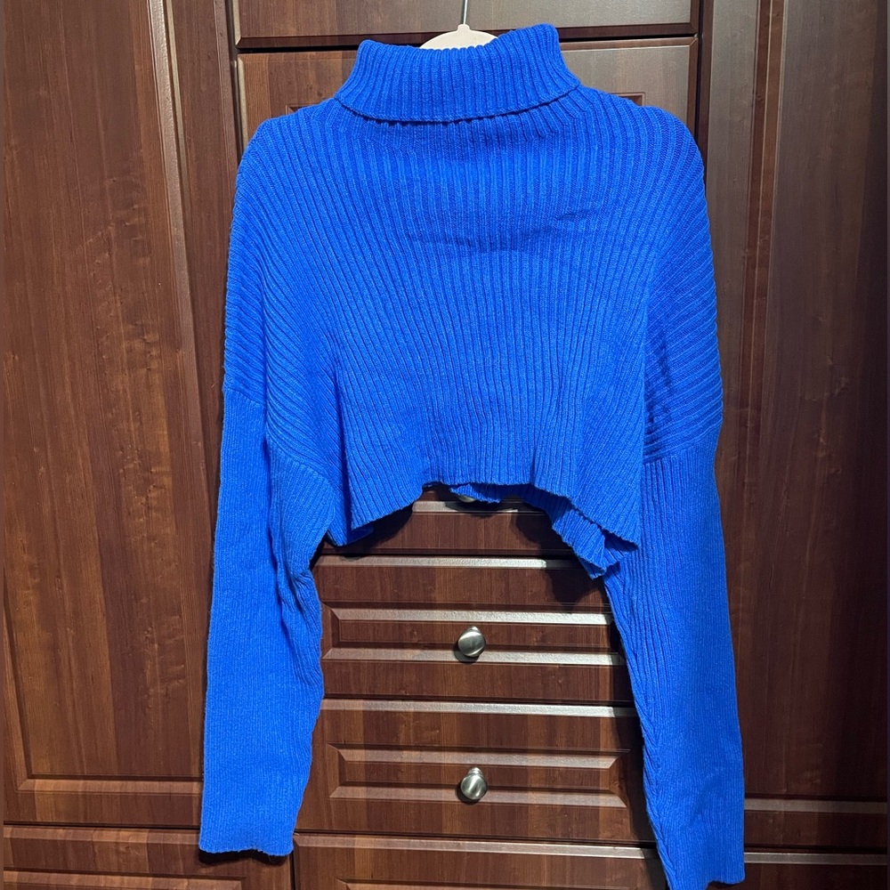 Mimosa Cropped Royal Blue Ribbed Long Sleeve Turtleneck Sweater